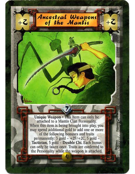 Ancestral Weapons of the Mantis  - Unique Weapon This item can only be attached to a Mantis Clan Personality. When this item is 