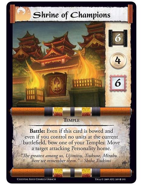 Shrine of Champions (Spanish)  - Temple Battle: Even if this card is bowed and even if you control no units at the current battl