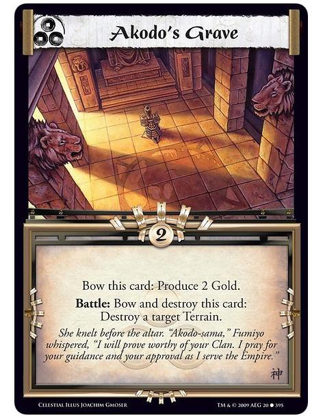 Akodo's Grave (Spanish)  - Bow this card: Produce 2 Gold. Battle: Bow and destroy this card: Destroy a target Terrain.