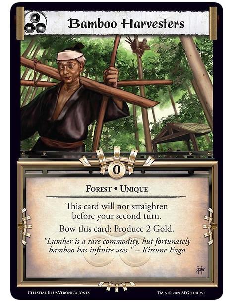 Bamboo Harvesters FOIL  - Forest • Unique This card will not straighten before your second turn. Bow this card: Produce 2 Gold.