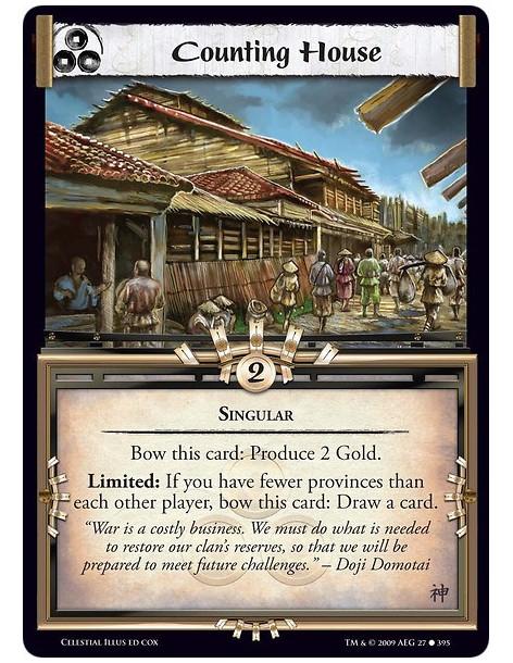 Counting House (Español)  - Singular Bow this card: Produce 2 Gold. Limited: If you have fewer provinces than each other player,