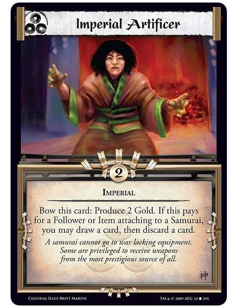 Imperial Artificer (Spanish)  - Imperial Bow this card: Produce 2 Gold. If this pays for a Follower or Item attaching to a Samur