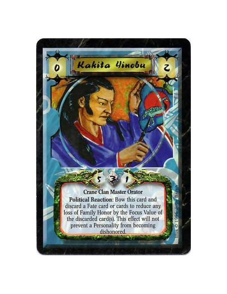 Kakita Yinobu  - Crane Clan • Master Orator  Reaction: Any number of times per turn, before a player loses Honor, bow Yinobu and