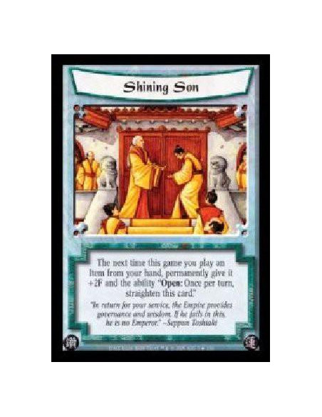 Shining Son  - The next time this game you play an Item from your hand, permanently give it +2F and the ability ?Open: Once per 