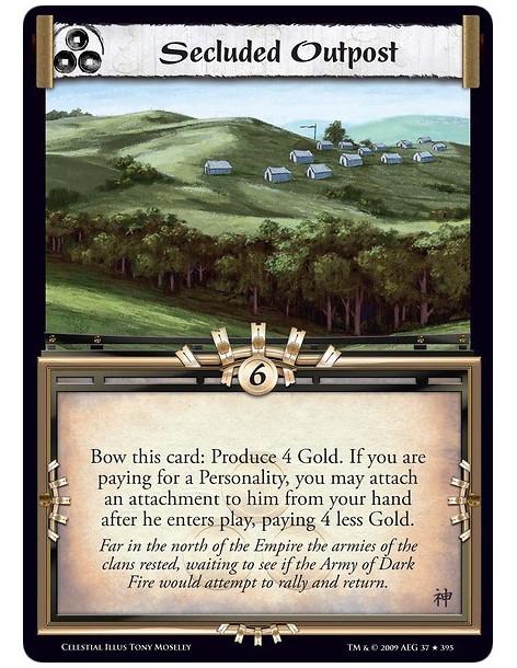 Secluded Outpost (Spanish)  - Bow this card: Produce 4 Gold. If you are paying for a Personality, you may attach an attachment t