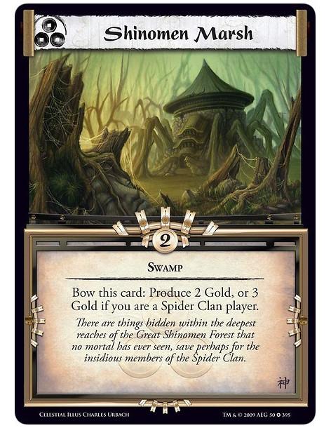 Shinomen Marsh (Español)  - Swamp Bow this card: Produce 2 Gold, or 3 Gold if you are a Spider Clan player.