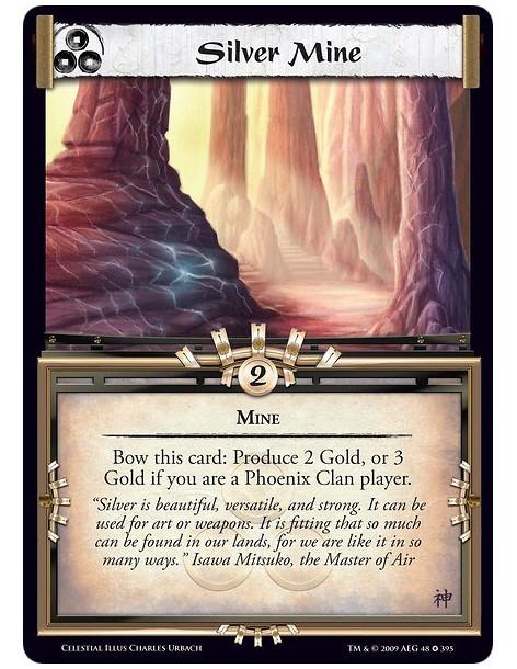 Silver Mine (spanish)  - Mine Bow this card: Produce 2 Gold, or 3 Gold if you are a Phoenix Clan player.