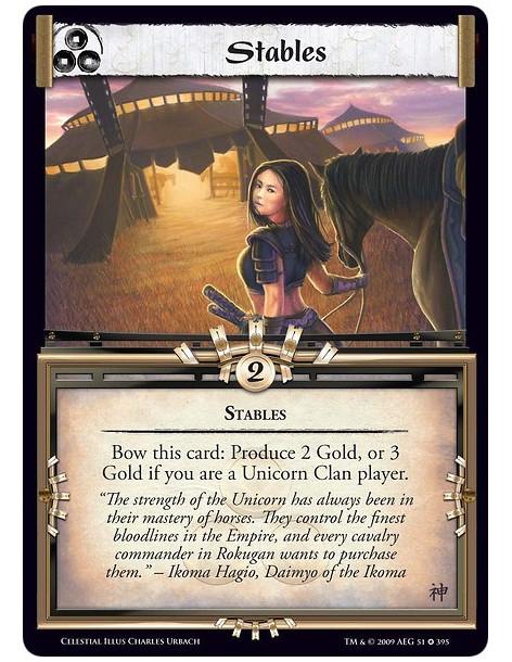 Stables (Spanish)  - Stables Bow this card: Produce 2 Gold, or 3 Gold if you are a Unicorn Clan player.