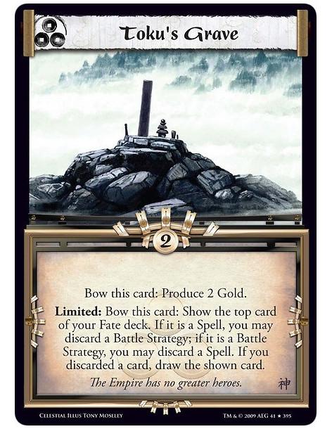 Toku's Grave (Spanish)  - Bow this card: Produce 2 Gold. Limited: Bow this card: Show the top card of your Fate deck. If it is a