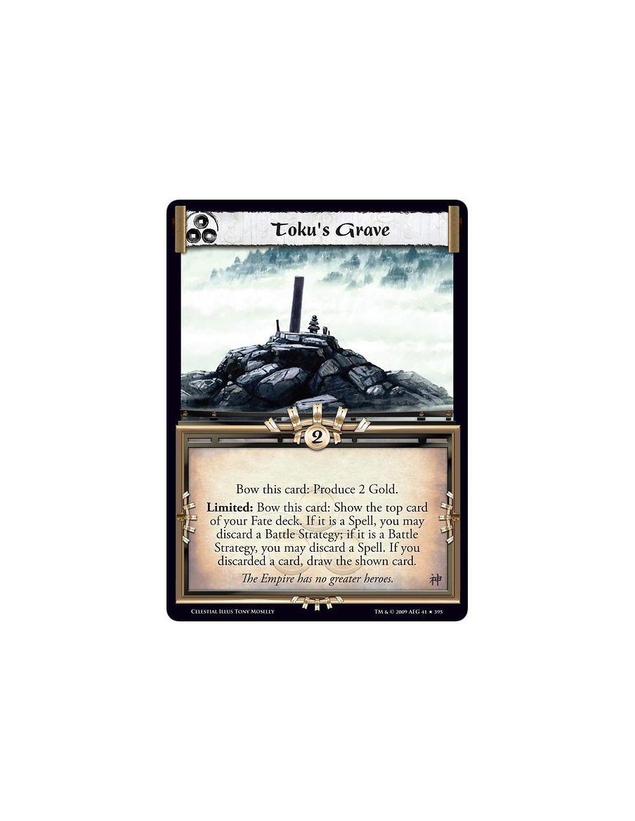 Toku's Grave (Español)  - Bow this card: Produce 2 Gold. Limited: Bow this card: Show the top card of your Fate deck. If it is a