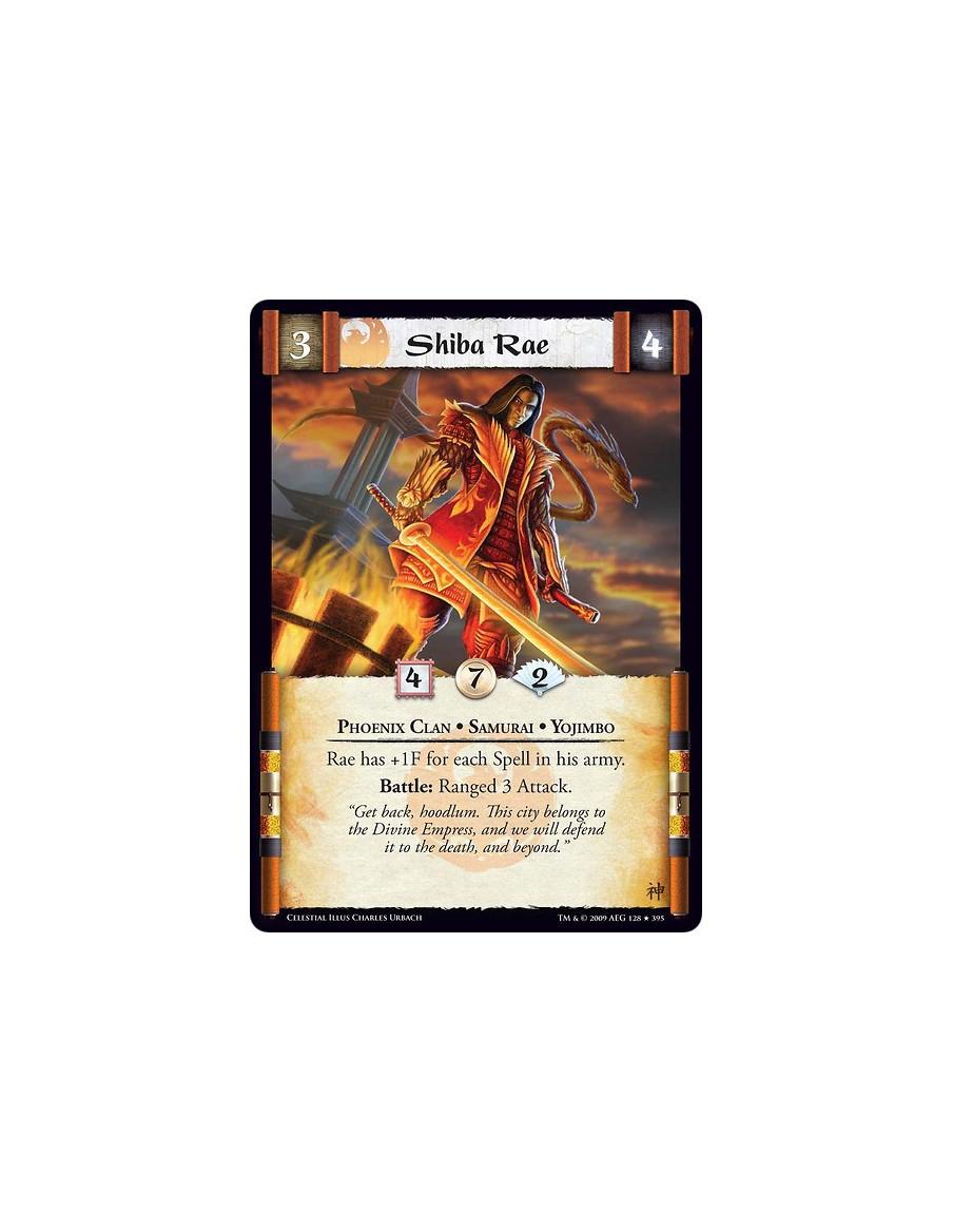 Shiba Rae (Español)  - Phoenix Clan • Samurai • Yojimbo Rae has +1F for each Spell in his army. Battle: Ranged 3 Attack.