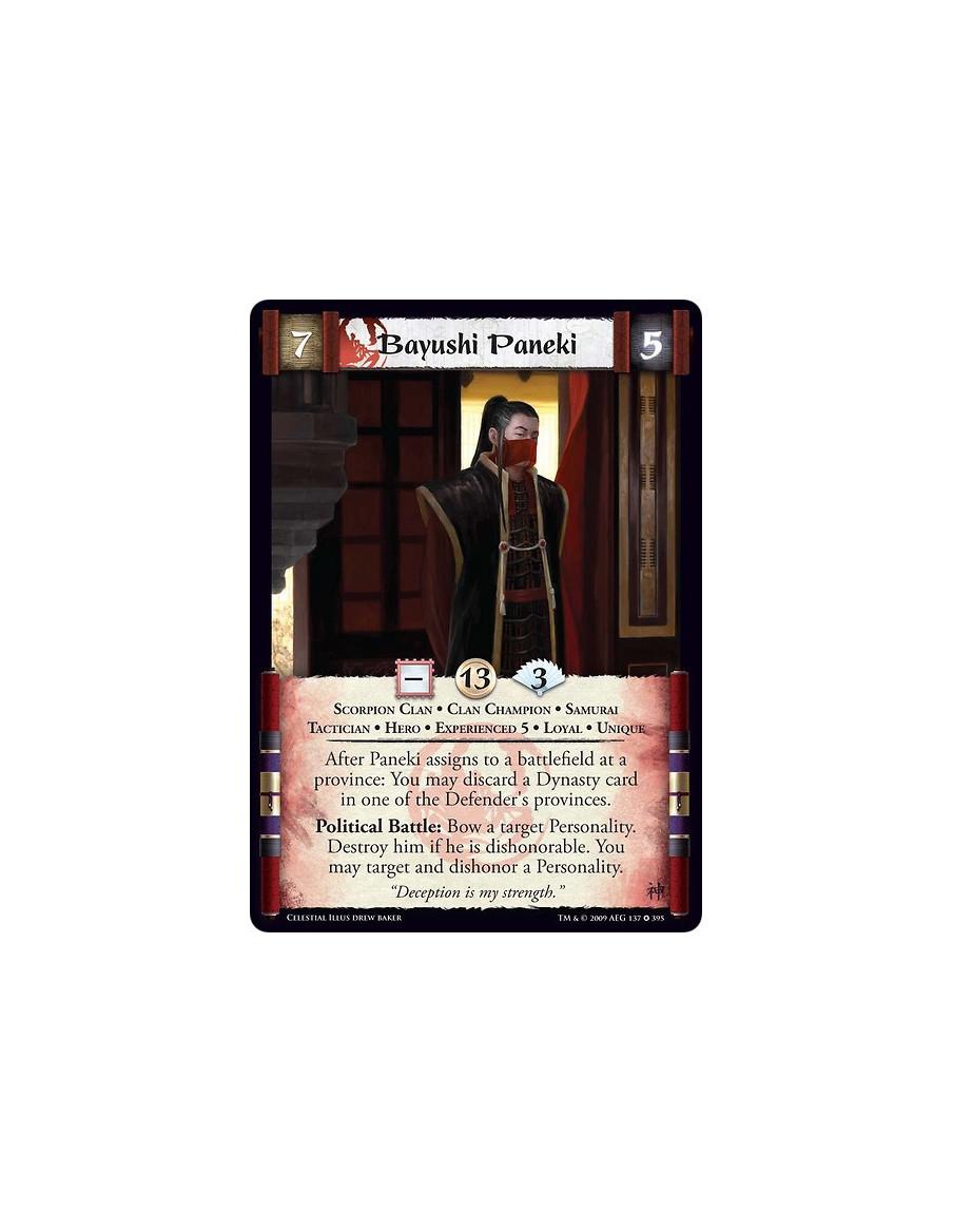 Bayushi Paneki Exp5 (Spanish)  - Scorpion Clan • Clan Champion • Samurai • Tactician • Hero • Experienced 5 • Loyal • Unique Aft