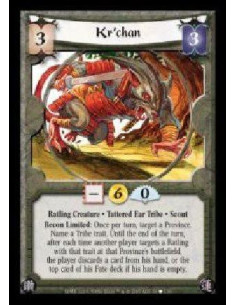 Kr'chan (Spanish)  - Ratling Creature · Tattered Ear Tribe · Scout. Recon Limited: Once per turn, target a Province. Name a Trib