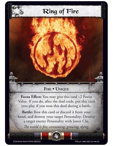 Ring of Fire (Spanish)  - Fire • Unique Focus Effect: You may give this card -2 Focus Value. If you do, after this duel ends, pu