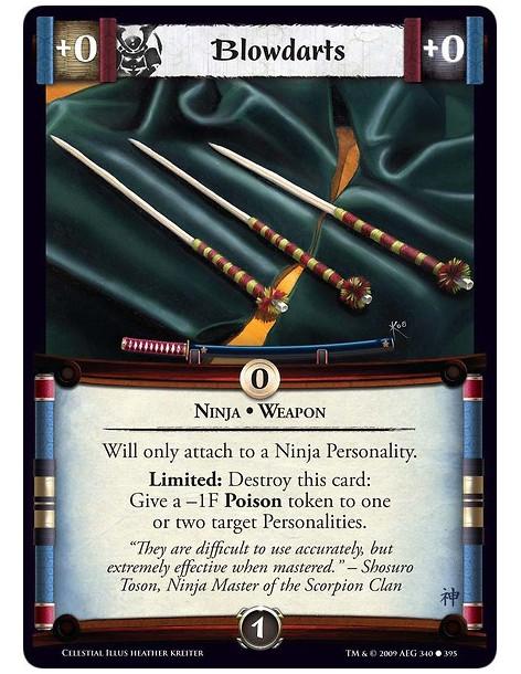 Blowdarts (Español)  - Ninja • Weapon Will only attach to a Ninja Personality. Limited: Destroy this card: Give a -1F Poison tok