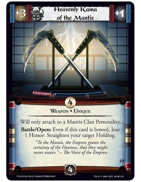 Heavenly Kama of the Mantis (Español)  - Weapon • Unique Will only attach to a Mantis Clan Personality. Battle/Open: Even if thi