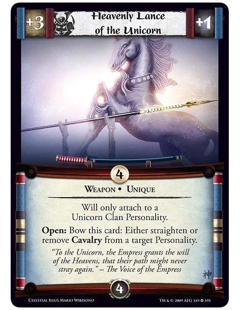 Heavenly Lance of the Unicorn (Español)  - Weapon • Unique Will only attach to a Unicorn Clan Personality. Open: Bow this card: