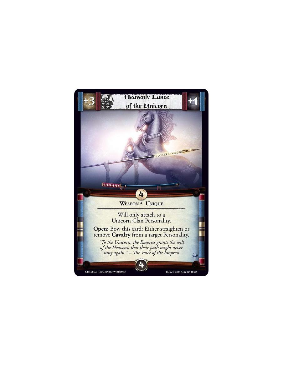 Heavenly Lance of the Unicorn (Español)  - Weapon • Unique Will only attach to a Unicorn Clan Personality. Open: Bow this card: 