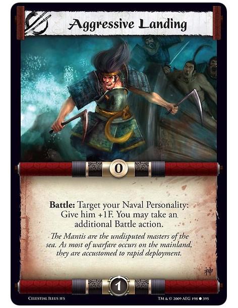 Aggressive Landing (Spanish)  - Battle: Target your Naval Personality: Give him +1F. You may take an additional Battle action.