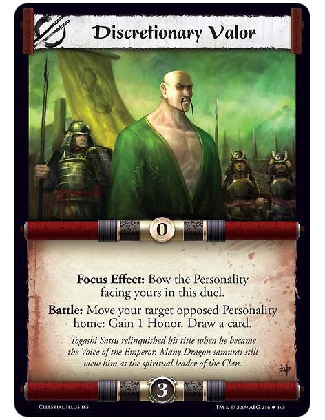 Discretionary Valor (Spanish)  - Focus Effect: Bow the Personality facing yours in this duel. Battle: Move your target opposed P