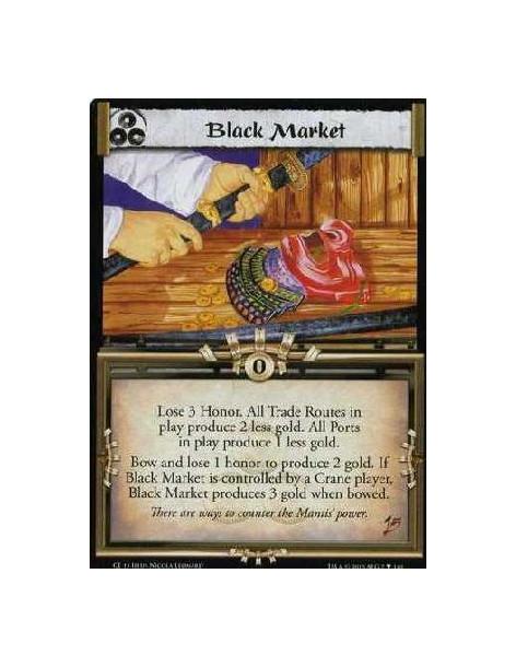 Black Market (Español)  - Lose 3 Honor. All Trade Routes in play produce 2 less gold. All Ports in play produce 1 less gold. Bow