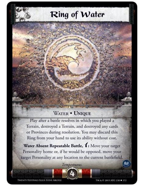 Ring of Water  - Water • Unique           Play after a battle resolves in which you played a Terrain, destroyed a Terrain, and d