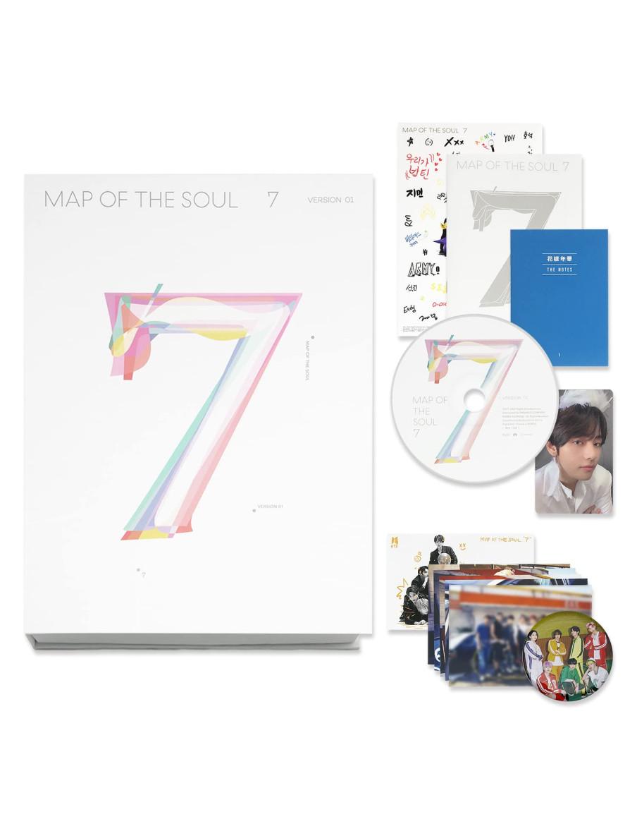 BTS - Map of the Soul: 7 (4th Mini Album)  -  Versiones: 1 (rosita), 2 (negro), 3 (azul-rojo), 4 (azul-amarillo) Contenido: - 1 