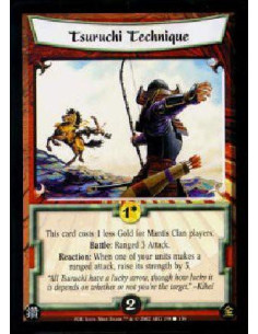 Tsuruchi Technique  - This card costs 1 less Gold for Mantis Clan players. Battle: Ranged 3 Attack. Reaction: When one of your u
