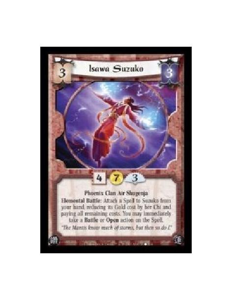 Isawa Suzuko (Spanish)  - Phoenix Clan Air Shugenja. Elemental Battle: Attach a Spell to Suzuko from your hand, reducing its Gol
