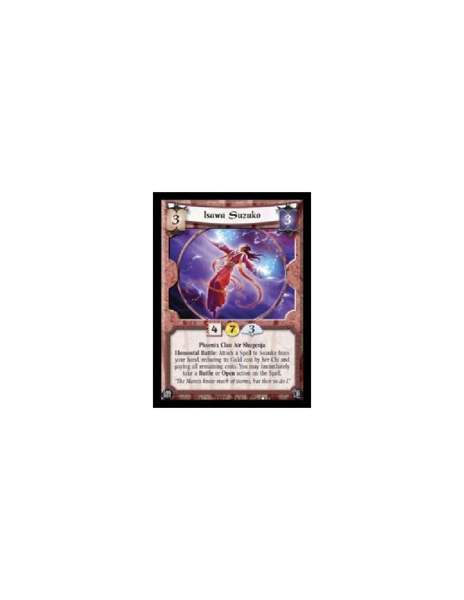Isawa Suzuko (Español)  - Phoenix Clan Air Shugenja. Elemental Battle: Attach a Spell to Suzuko from your hand, reducing its Gol