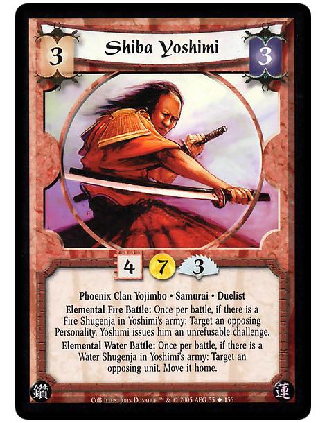 Shiba Yoshimi (Spanish)  - Phoenix Clan Yojimbo · Samurai · Duelist. Elemental Fire Battle: Once per battle, if there is a Fire