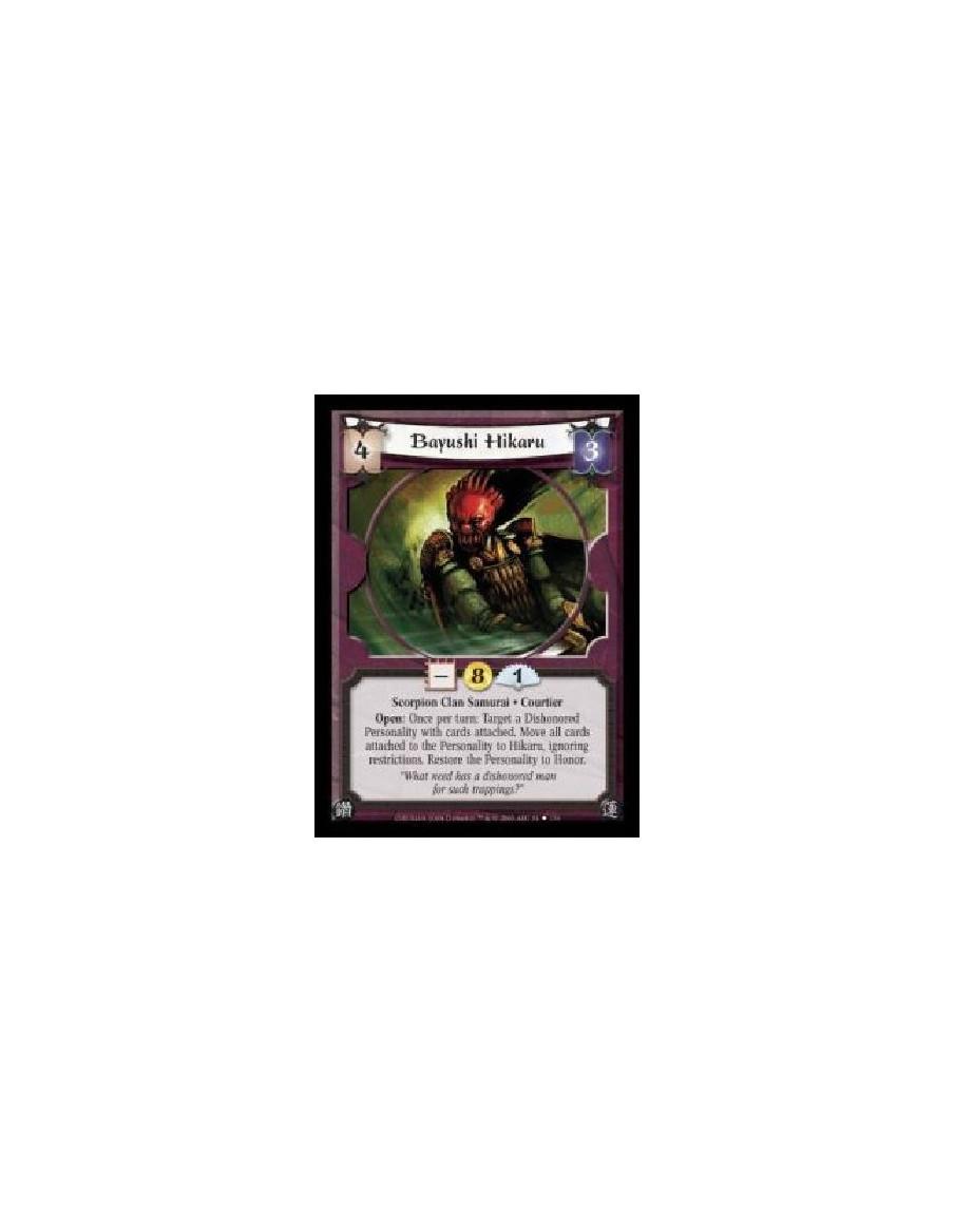 Bayushi Hikaru (Español)  - Scorpion Clan Samurai · Courtier. Open: Once per turn: Target a Dishonored Personality with cards at