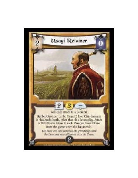 Usagi Retainer (Spanish)  - Will only attach to a Samurai. Battle: Once per battle: Target 2 Lion Clan Samurai in this card's ba