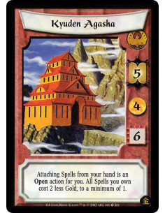 Kyuden Agasha  - Attaching Spells from your hand is an Open action for you. All Spells you own cost 2 less Gold, to a minimum of