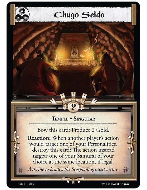 Chugo Seido  - Temple • Singular Bow this Card: Produce 2 Gold Reaction: When another player's action would target one of your p