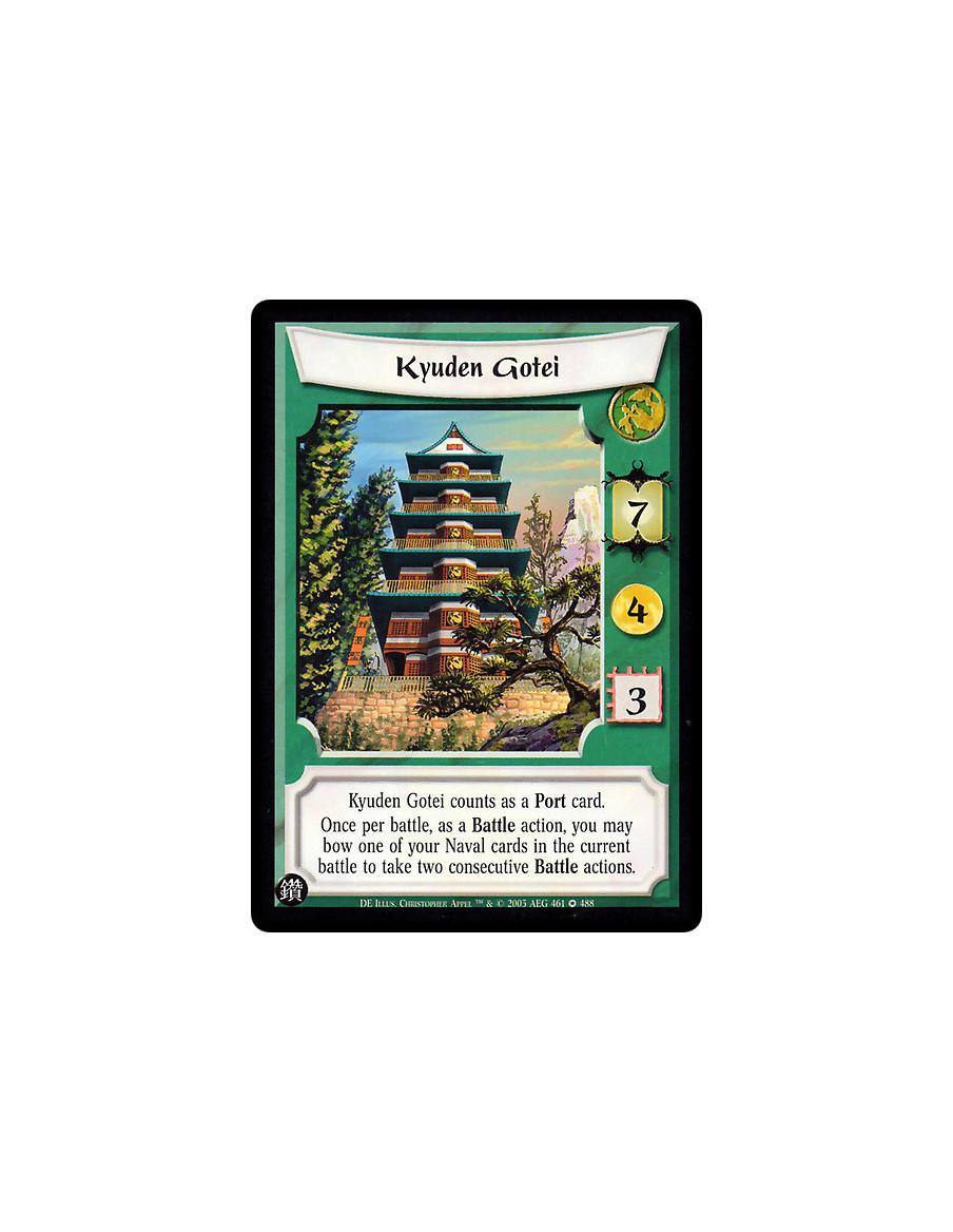 Kyuden Gotei (Español)  - Kyuden Gotei counts as a Port card. Once per battle, as a Battle action, you may bow one of your Naval