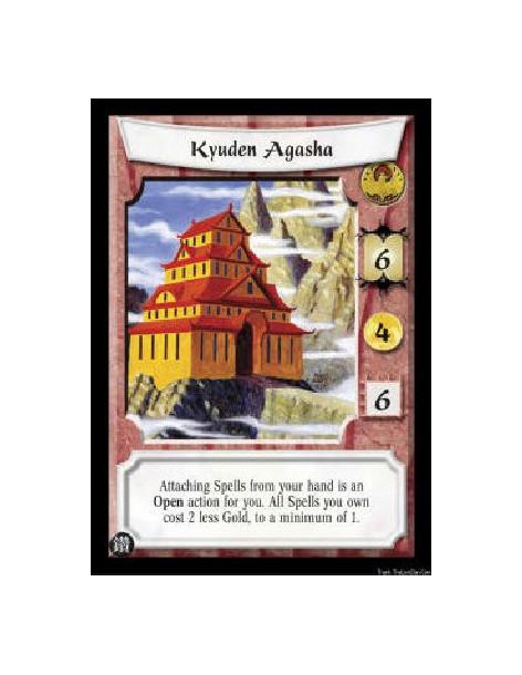 Kyuden Agasha (Español)  - Attaching Spells from your hand is an Open action for you. All Spells you own cost 2 less Gold, to a 