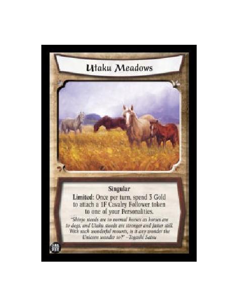 Utaku Meadows (Español)  - Singular Limited: Once per turn, spend 3 Gold to attach a 1F Cavalry Follower token to one of your Pe