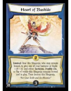 Heart of Bushido  - Limited: Bow this Shugenja, who may remain bowed, to give one of your Samurai or Bushi +1F +1C and either Ta