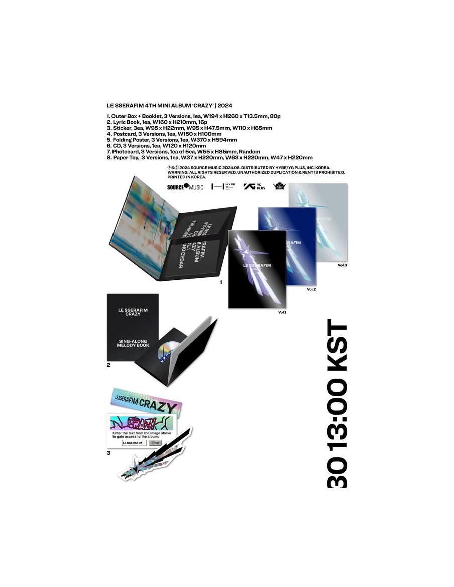 LE SSERAFIM - CRAZY (4TH Mini Album)  - LE SSERAFIM - CRAZY (4TH Mini Album) Variaciones: A (negro); B (azul); C (blanco) Conten