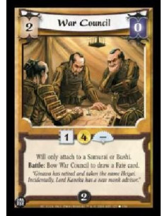 War Council (Español)  - 2Will only attach to a Samurai or Bushi. Battle: Bow War Council to draw a Fate card.