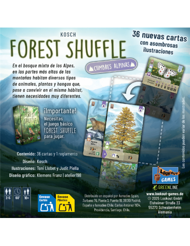 Forest Shuffle Cumbres Alpinas. Expansión  - Cumbres alpinas  En el bosque mixto de los Alpes, en las partes más altas de las mo