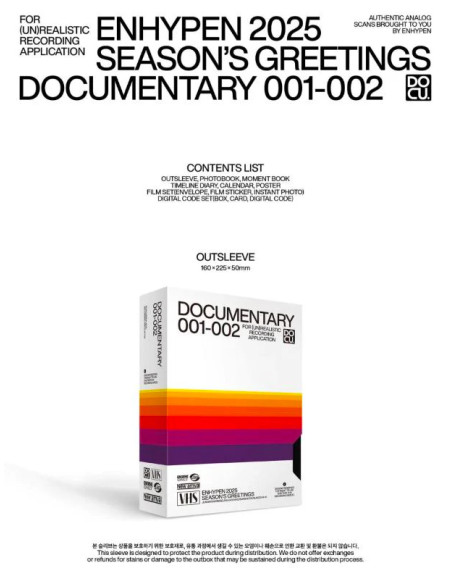 ENHYPEN - 2025 SEASON'S GREETINGS (DOCUMENTARY 001-002)  - Contenido: - Caja - Libro fotográfico (128 páginas) - Moment book (44