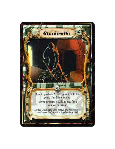 Blacksmiths  - Bow this card: Produce 2 Gold, plus 1 Gold for each Iron Mine in play.When paying for a Weapon or Armor, bow this