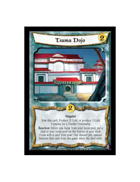 Tsuma Dojo (Español)  - Singular. Bow this card: Produce 2 Gold, or produce 3 Gold if paying for a Duelist Personality. Reaction