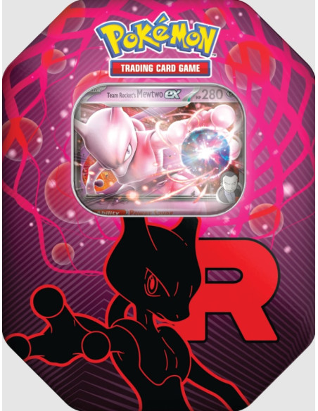 Team Rocket Tin. Mewtwo Ex (Spanish)  - Cada Team Rocket Tin incluye:  1 carta promocional foil de Mewtwo ex. 4 sobres de mejora