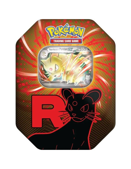 Lata Team Rocket. Persian Ex (Español)  - Cada Team Rocket Tin incluye:  1 carta promocional foil de Persian ex. 4 sobres de mej
