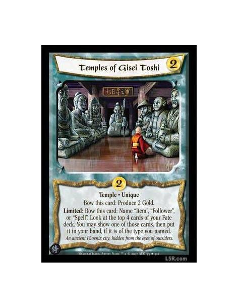 Temples of Gisei Toshi (Español)  - Temple · Unique Bow this card: Produce 2 Gold. Limited: Bow this card: Name "Item", "Followe