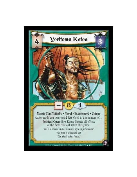 Yoritomo Katoa Exp  - Mantis Clan Yojimbo · Naval · Experienced · Unique. Action cards you own cost 2 less Gold, to a minimum of