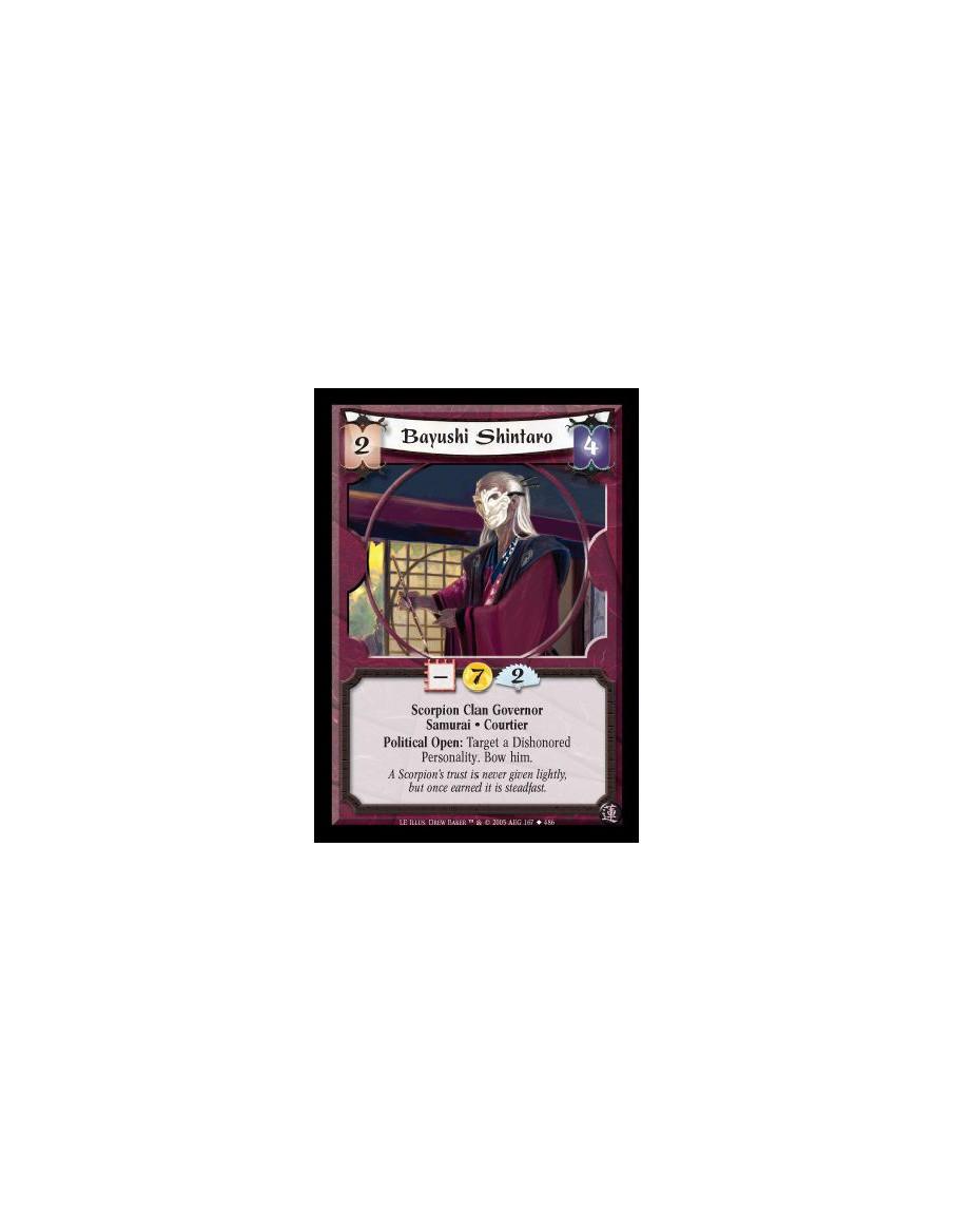 Bayushi Shintaro  - Scorpion Clan Governor · Samurai · Courtier. Political Open: Target a Dishonored Personality. Bow him